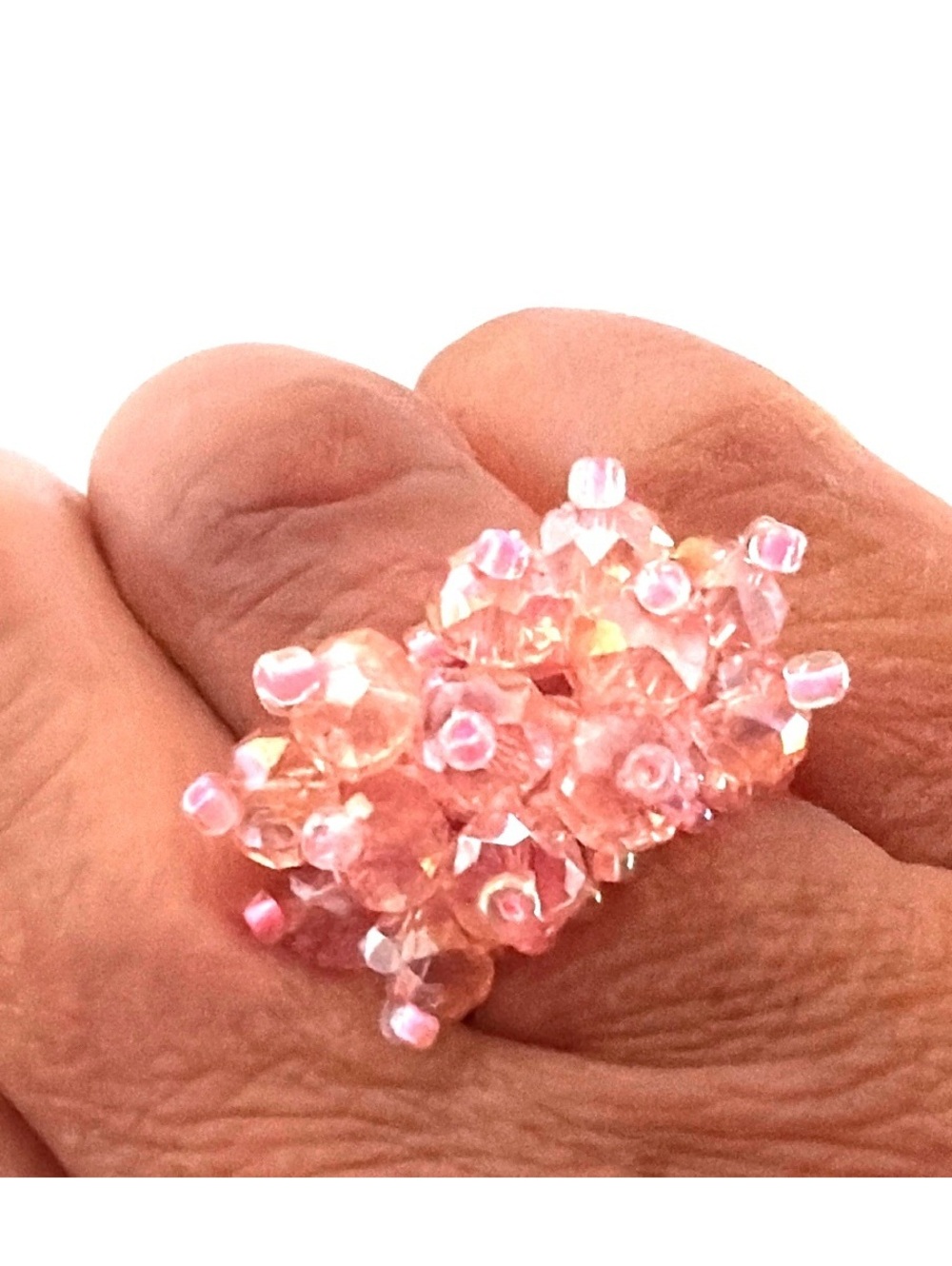 Handmade Pink Iridescent Beaded Statement Ring with Faceted Pink Beads 90s Y2K